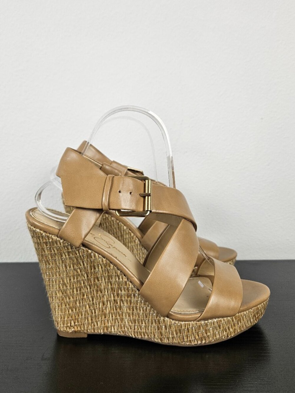 Jessica Simpson Tan Wedge Sandals with Adjustable Ankle Strap Size 7.5